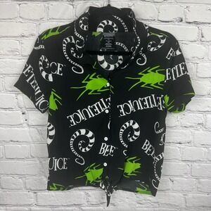 Beetlejuice Sandworm Button Up Tie Front Crop Top Sz M Goth Halloween Retro Flaw
